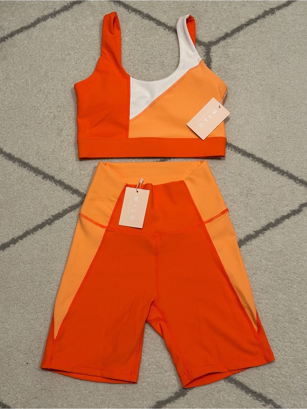NEW WILO The Label Color Block Orange Ribbed Sports Bra & Shorts Set - Size XS